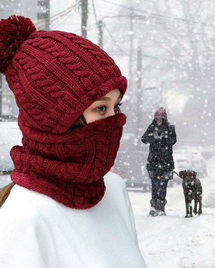 HUAMULAN Women Winter Beanie Hats One Piece Fleece Lined Knit Balaclavas Mask Set Skull Neck Circle Scarf Ski Snow Hat Pompom