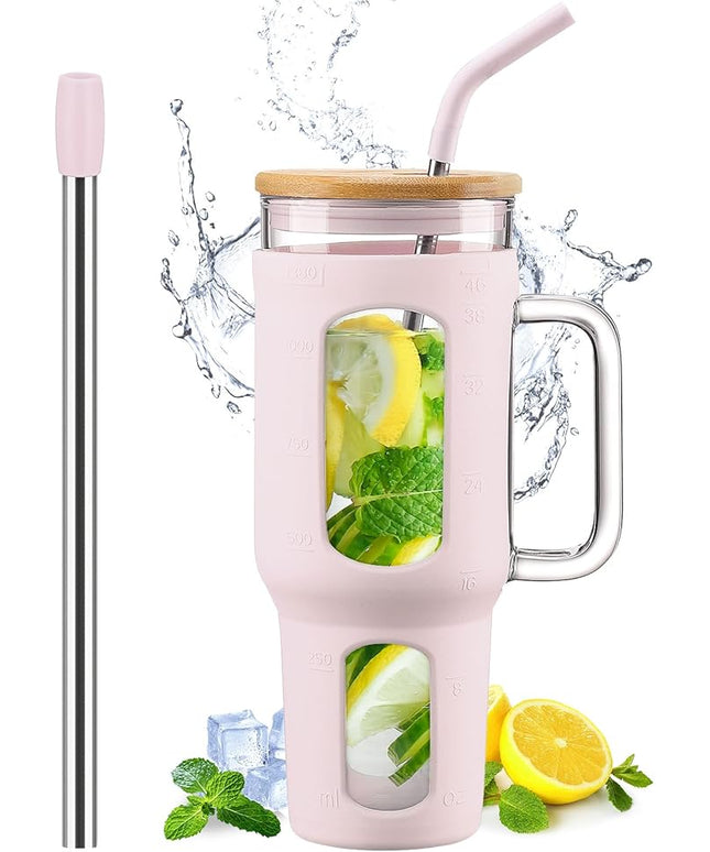 Glass Tumbler with Lid and Straw, 46 oz Iced Coffee Cup with Handle, Large Water Bottles with Silicone Sleeve, Glass Cup with Straws - Pearl Straw & Drinking Straw BPA Free-CottonPink