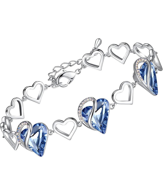 Leafael Infinity Love Heart Link Bracelets, Birthstone or Healing Stone Crystal Bracelet for Women, Silver Tone Jewelry Gifts for Her, 7-inch Chain and 2-inch Extender