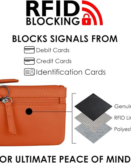 ili New York Mini Leather Coin Purse, Compact Design with Key Ring and RFID Protection for Women and Men in Vibrant Colors, Orange