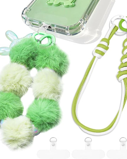 2 Pcs Phone Charm Wrist Strap with Tether Tab, Double Anti Lost Fluff Ball Beaded Wrist Lanyard, Detachable Leather Phone Charms for Bag, Key Chains, Camera Decor