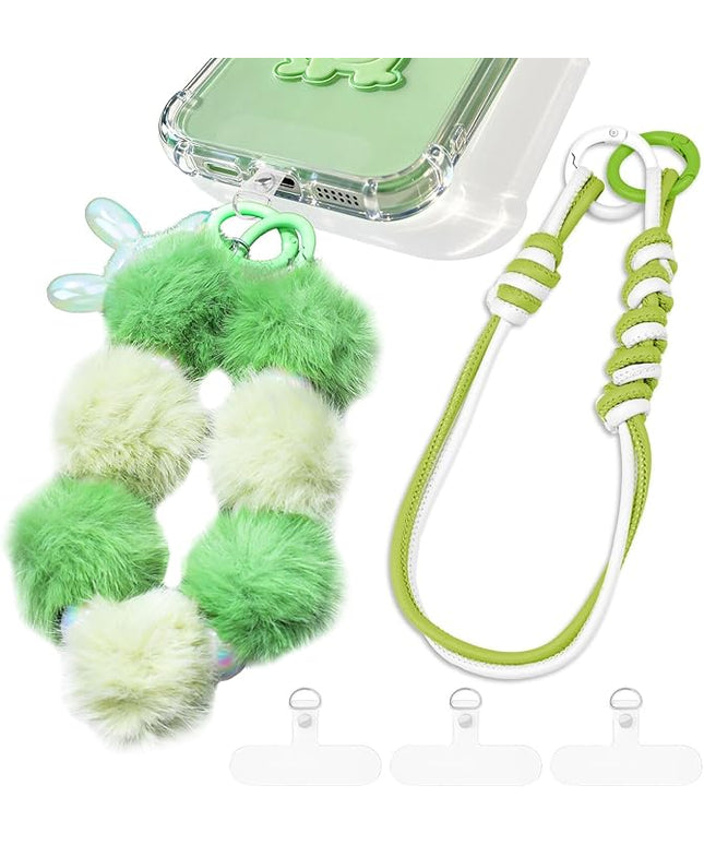 2 Pcs Phone Charm Wrist Strap with Tether Tab, Double Anti Lost Fluff Ball Beaded Wrist Lanyard, Detachable Leather Phone Charms for Bag, Key Chains, Camera Decor
