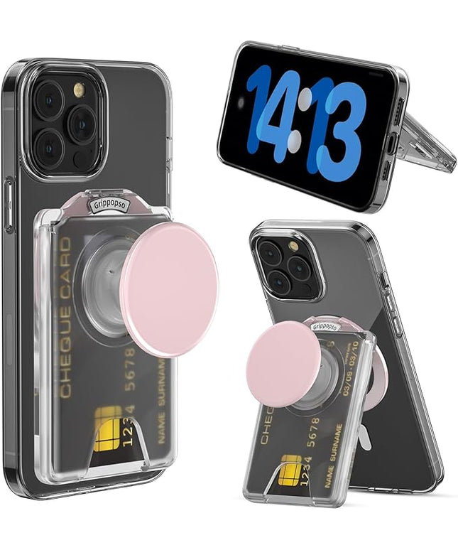 for MagSafe Wallet Stand, Magnetic Wallet Stand Adjustable, Phone Stands Card Holder with Secure Grip, for Samsung S25 S24 S23 Series and for iPhone 17 16 15 14 13 Series, Fit 3 Cards,Translucent Pink