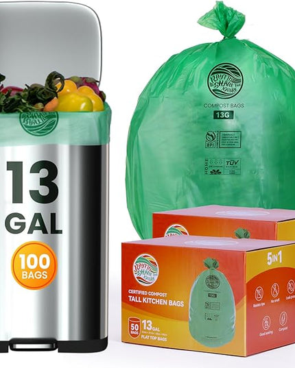 Trash bags 13+ gallon tall kitchen,100count,Extra Thick1.11 Mills,Compostable bags,Kitchen Compost Trash Bin Compatible,Certified by BPI and OK Compost
