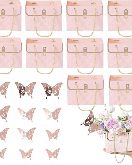 JHXTZ 10 Pack Flower Paper Gift Bags with 12pcs Rose Gold 3D Butterfly Decoration, Portable Floral Handbag Box with Metal Chain, Florist Carrier for Valentine's Day Birthday Gifts (Pink)