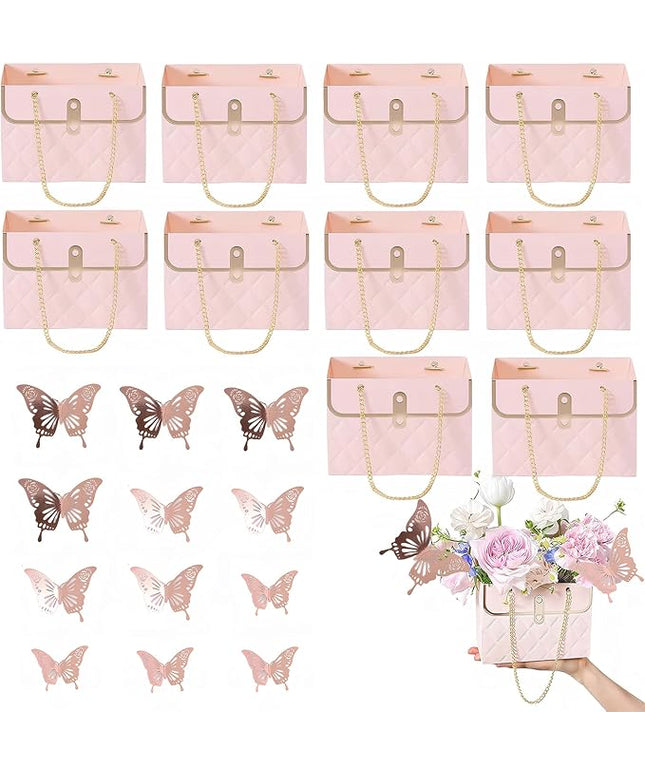 JHXTZ 10 Pack Flower Paper Gift Bags with 12pcs Rose Gold 3D Butterfly Decoration, Portable Floral Handbag Box with Metal Chain, Florist Carrier for Valentine's Day Birthday Gifts (Pink)