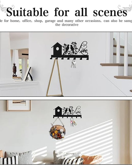 Hppybiry Metal Key Holder, Wall Mounted Key Hooks, Key Holder for Wall, Key Organizer Rack with 7 Hooks, Key Hanger Decor for Kitchen, Entryway, Hallway, Bedroom, Doorway (House Bird 12IN)