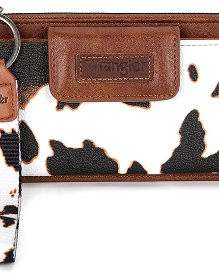 Montana West X Wrangler Cow Print Wallet for Women Ladies Female Card Cases & Money Organizers Wristlet with Wallet Large Clutch with Coin Purse Smooth Zipper and Rfid Lining