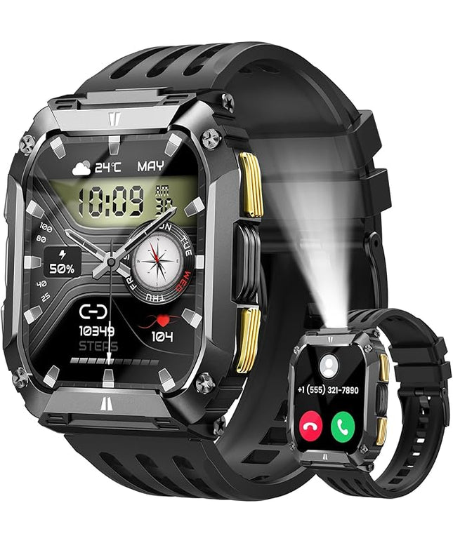 Smart Watches for Men, 1.95'' Mens Military Smart Watch for Android & iPhone, Waterproof Fitness Tracker Watch with Flashlight/100 Days Battery Life/Call/Heart Rate Sleep Monitor/100+ Sport Modes