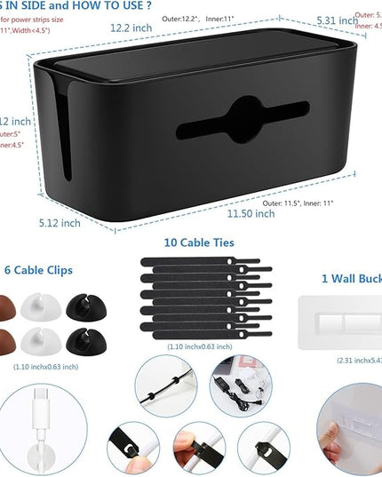 Cable Management Box,Cord Organizer Box for Desk Floor Cable Hide,Cable Box Organizer to Cover The Power Strip Cord Wires for Home Office,Black