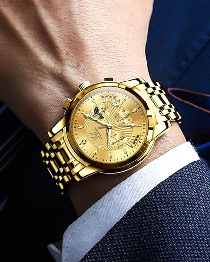 OLEVS Men's Luxury Watch Waterproof Luminous Easy Read Chronograph Watches Full Gold/White Dail/Black Face with Calendar Wristwatch