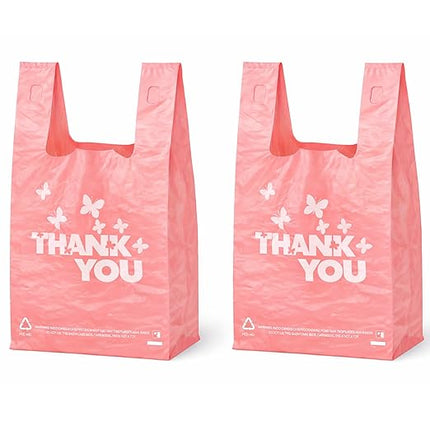 PINK Thank you bags, 200PCS T shirt bags, To Go Bags,Grocery bags, Reusable and Disposable,Perfect for Small Business,Take Out,Retails,11 inchx6 inchx21 inch(200),Large