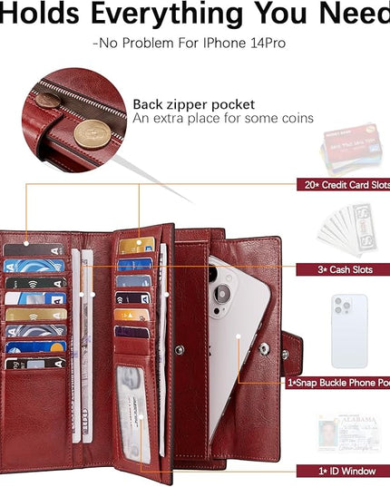 BOSTANTEN Womens Wallet Genuine Leather Wallets Large Capacity Cash Cluth Purse with Zipper Pocket Wine Red