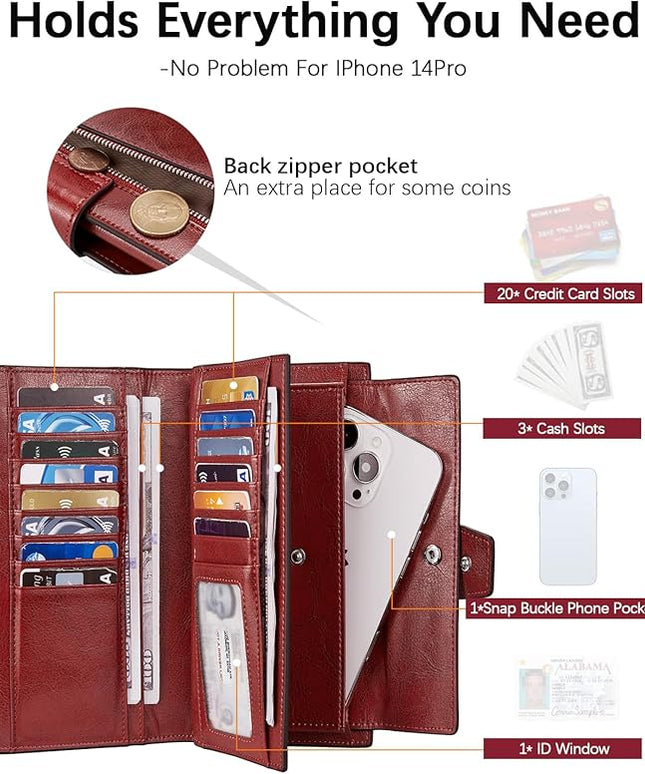 BOSTANTEN Womens Wallet Genuine Leather Wallets Large Capacity Cash Cluth Purse with Zipper Pocket Wine Red
