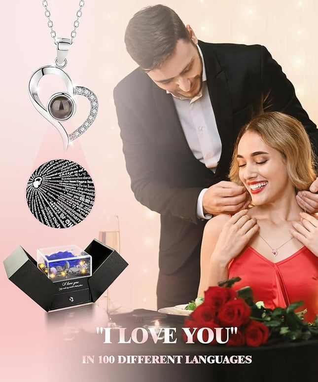 Birthday Gifts for Women, Preserved Real Roses with Heart Necklace I Love You in 100 Languages, Romantic Anniversary Wedding Gifts for Women Her Girlfriend Wife, Forever Roses Necklace Gift Box Blue