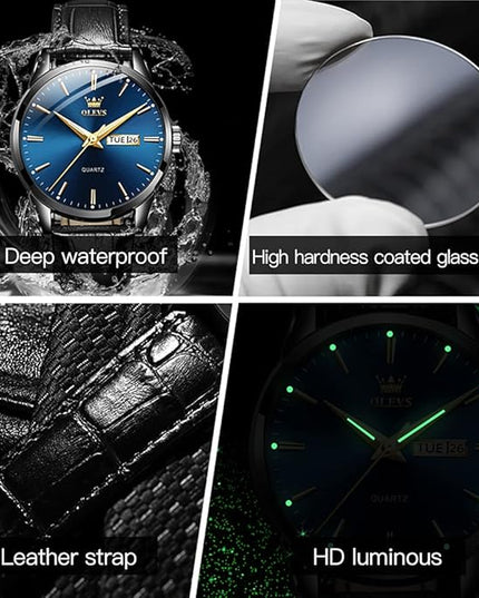 OLEVS Watches for Men Brown Leather Gold Case Analog Quartz Fashion Business Dress Watch Day Date Luminous Waterproof Casual Male Wrist Watches