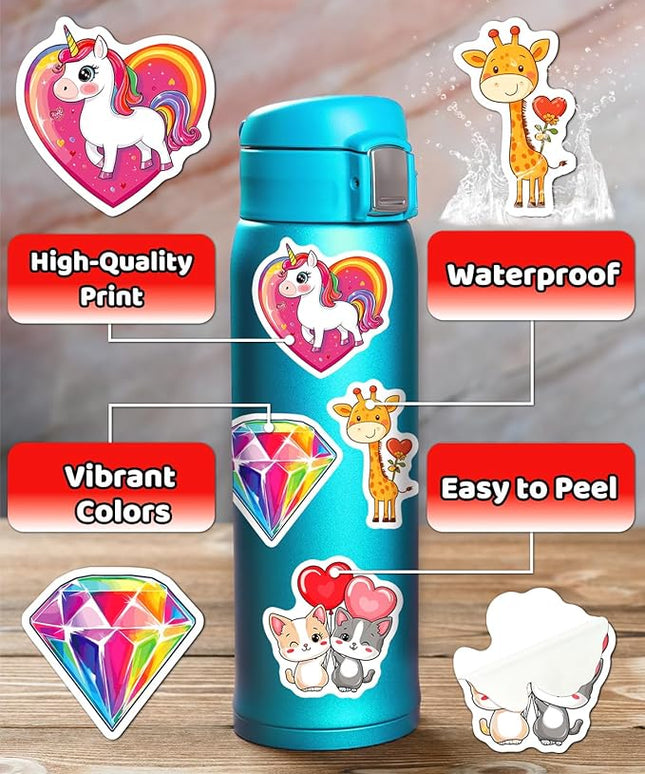 100Pcs Valentines Stickers for Kids, Bulk Heart Stickers for Valentines Day Gifts for Kids Classroom School Exchange, Vinyl Decals, Crafts, Party Favors, Goodie Bags Decorations