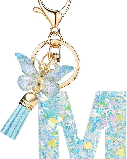 Fashion Alphabet Initial Letter Keychain Tassel Butterfly Pendant Key Ring for Purse Handbags Women Girl