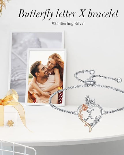 TOUPOP Gifts for Women Rose Heart Initial Bracelet 925 Sterling Silver Butterfly Letter Link Bracelet Love Jewelry Valentines Day Birthday Gifts for Her Wife Girlfriend Mom