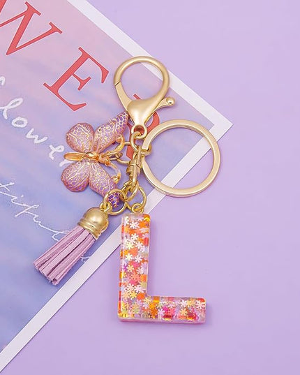 Fashion Alphabet Initial Letter Keychain Tassel Butterfly Pendant Key Ring for Purse Handbags Women Girl