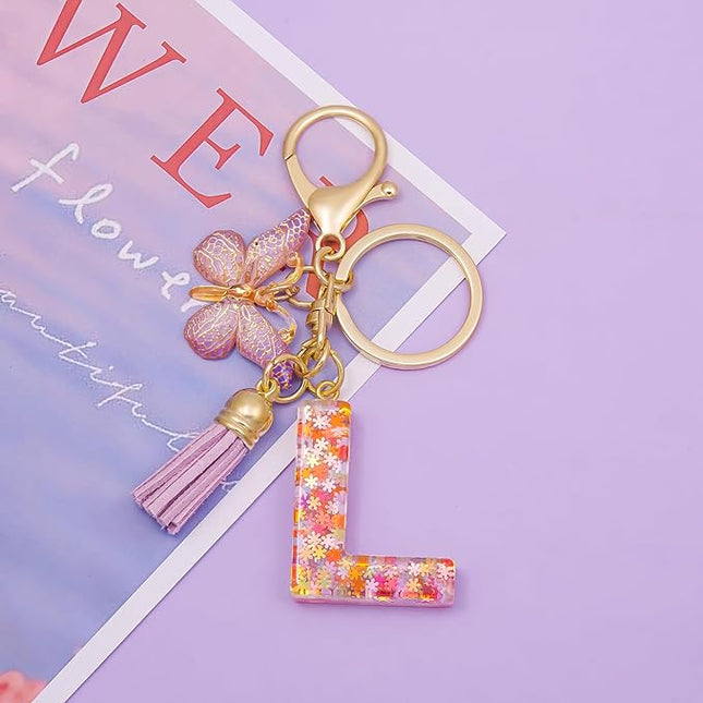 Fashion Alphabet Initial Letter Keychain Tassel Butterfly Pendant Key Ring for Purse Handbags Women Girl