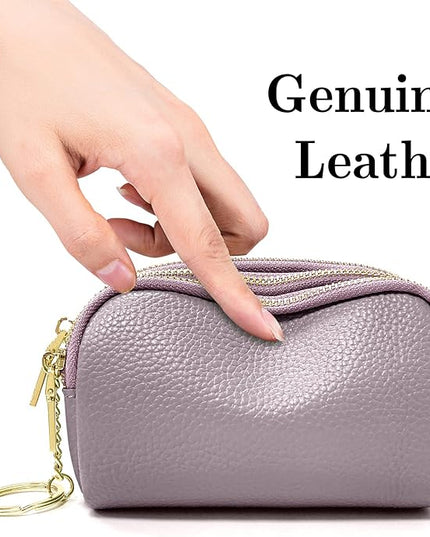 LINNO 3 Zippered Genuine Leather Coin Purse Triple Capacity Change Pouch Little Travel Wallet With Key Ring for Women