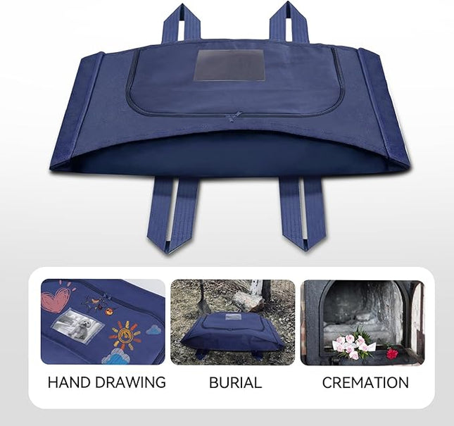 Pet Burial Bag for Dogs, Cats, Large Pets up to 80lb - Pet Caskets or Burial Boxes Alternative, Eco-Conscious Pet Body Bag with Handle & Custom Memorial Surface (Blue, L)