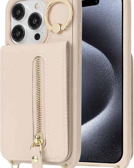 for iPhone 15 Pro Wallet Case with Card Holder, for iPhone 15 Pro Case Wallet with Strap Credit Card Slot, Crossbody Bag with Zipper Case for iPhone15 Pro - Warm White