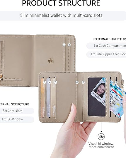POIUGOYA Slim Wallet for Women,RFID Blocking Bifold Credit Card Holder with Zipper Coin Pocket,ID Window,Keychain