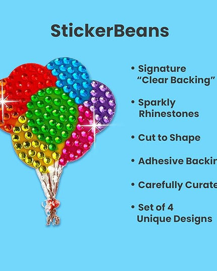 StickerBeans® Rhinestone Stickers - Magical 4-Pack, 2” x 2” Each, Unique Sparkly Cut-to-Shape for Collecting, Trading, Decorating Laptops, Phone Cases, Scrapbooks - for Kids, Teens, & Adults