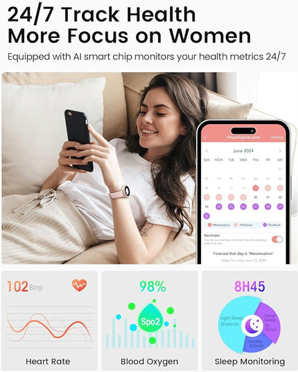 Smart Watches for Women(Answer/Make Calls), 1.27'' AMOLED Screen Activity Trackers with Heart Rate/Sleep/SpO2 Monitor, Smartwatch for iPhone/Samsung/Android, 120+ Sport Modes IP68 Fitness Watch Pink