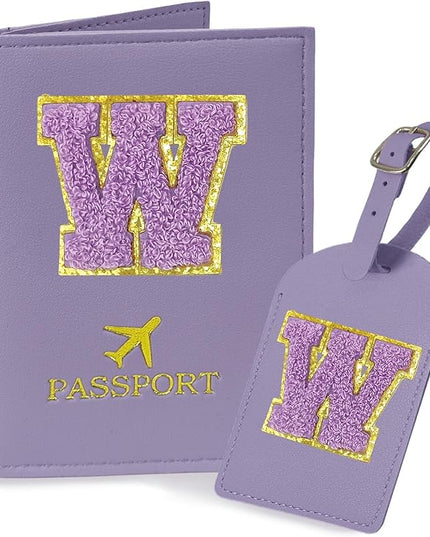 COSHAYSOO Initial Passport Cover Luggage Tag Set Letter Passport Holder Airplane Cruise Travel Essentials Vacation Traveling Accessories Personalized Gifts for Women Teen College Girls Purple W