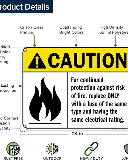 Warning For Continued Protection Against Risk Of Fire Replace Sign, 18x24 Inches, 55 mil thick HDPS (high density polystyrene), Made in USA by My Sign Center