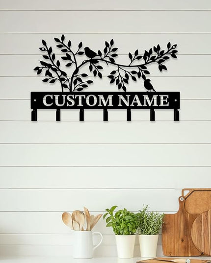 Personalized Custom Name Birds of Trees Wall Key Hooks,Metal Birds of Trees Art Clothes Hooks,Metal Birds of Trees Wall Home Storage Decorative,For Front Door, Hallway, Kitchen, Bedroom(Style A)