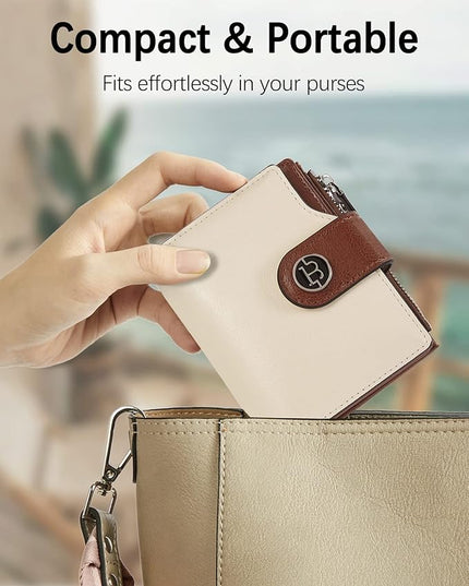 BOSTANTEN Women Leather Wallet Small RFID Blocking Bifold Zipper Pocket Wallet Card Case with ID Window Beige