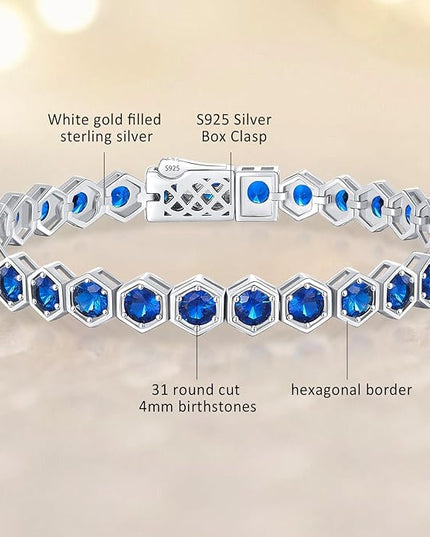 Birthstone Tennis Bracelets for Women Birthday Gifts 925 Sterling Silver Hexagon White Gold Bracelets Round Cut 5A Cubic Zirconia Prong Setting 7 Inch Anniversary Jewelry Gift