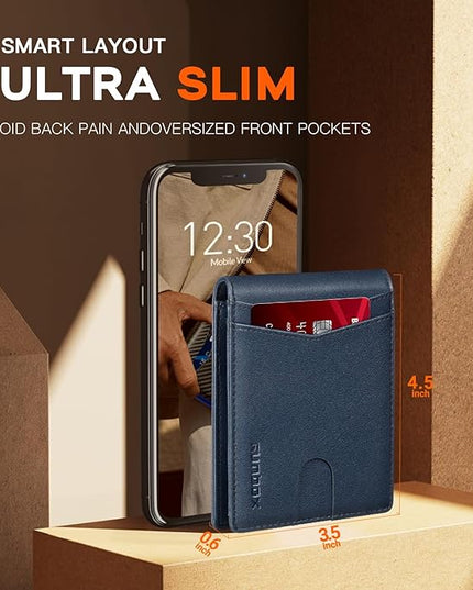RUNBOX Wallet for Men Slim Leather Bifold RFID Blocking Minimalist Front Pocket Design with Gift Box