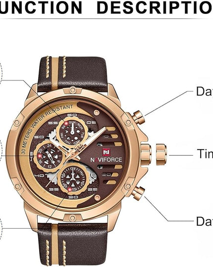 NAVIFORCE Sport Military Watches for Men Waterproof Watch Analog Quartz Leather Band Date Calendar Clock Wristwatch