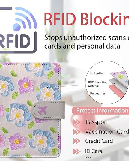 Passport Holder, Travel Wallet Cover with Pen Loop | Cute RFID Blocking Leather Case with Magnetic Closure for Travel Essentials-Flower
