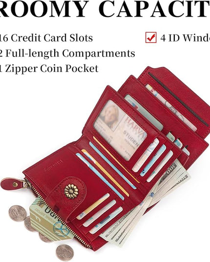 Blucoay Wallet Women,RFID Blocking Real Leather Womens Wallet Bifold Compact Card Holder Small Wallet for Women with Removable ID Window Red