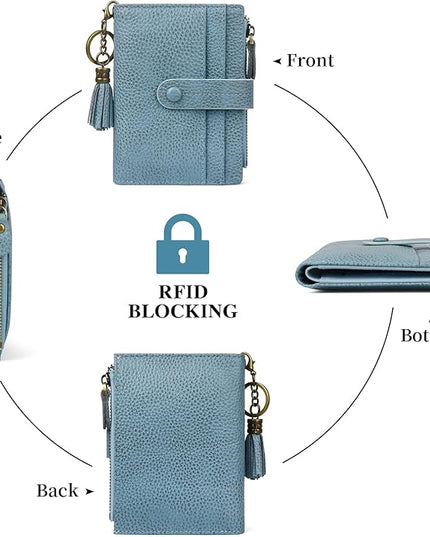 Blucoay Leather Wallet Women,RFID Blocking Small Wallet for Women Compact Card Holder Bifold Tassel Wallet Coin Purse With ID Window lzblue