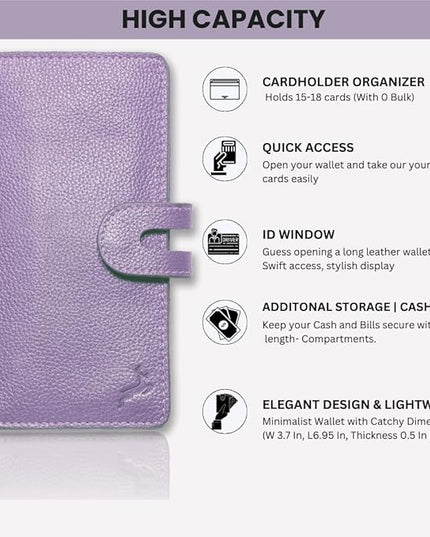 DEERHANDMADE womens wallet (Holds 15-18 Cards, 4 Flat Pockets, 1 ID Windows) Genuine Leather clutch purses for women | Slim long wallets for women | rfid blocking wallet (purple wallet)