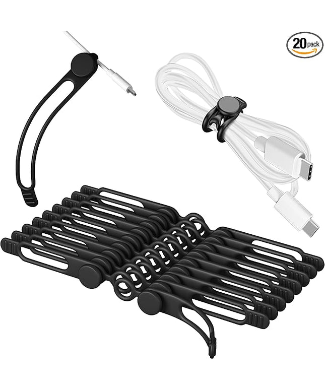 20Pcs Nearockle Silicone Cable Ties 3 Inch Cord Organizer, Reusable Small Zip Ties Cable Organizer for Charging Cords Earphone Computer Wire, Office Desk Cable Management Travel Accessories(Black)
