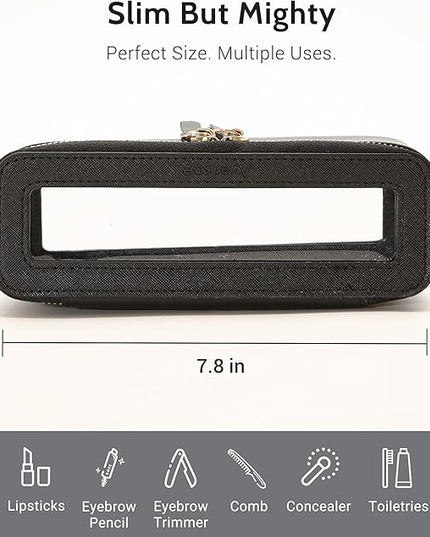 Aveniee Clear Makeup Brush Bag,Slim Cosmetic Brush Holder,Small Toiletry Bag Mini Travel Case for Women,Thin Make up Bags with Dual Zipper,Cute Travel Essentials Organizer,Black