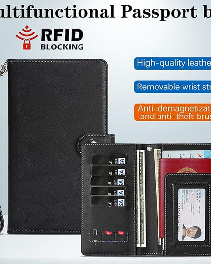 Passport Holder for Travel Essentials, RFID Blocking PU Leather Wallet Cover with Wristlet Strap Magnetic Closure Passport Book Holders Case for Women and Men, Black