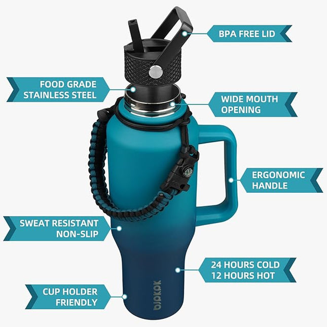 BJPKPK Insulated Water Bottles with Straw Lid, 40oz Metal Water Bottle with 2 lids & Paracord Strap, Double Wall Stainless Steel Tumbler with Handle, Reusable Cups, Mugs, Thermo, Sea