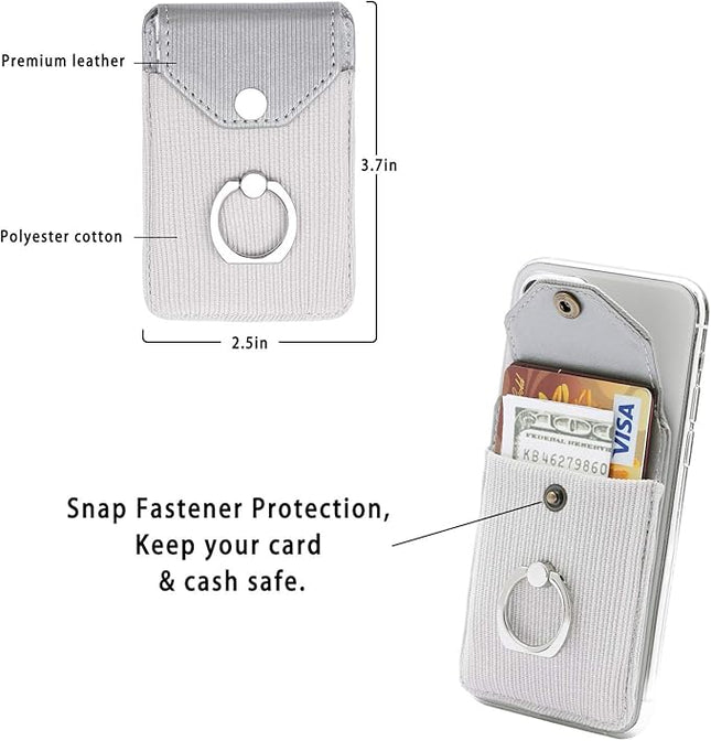 Cell Phone Card Holder RFID Ring Stand Stick on Wallet Card Holder for Back of Phone for iPhone Android and All Smartphones Adhesive Credit Card Holder for Cell Phone-Polyester Grey
