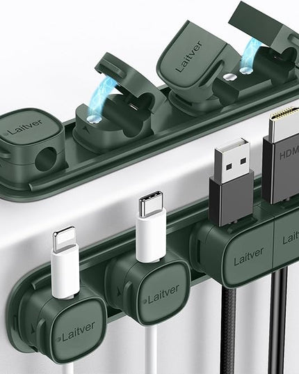 6 Pack Magnetic Cable Clips [1s Open/Lock], Laitver Cord Organizer Holder Strong Adhesive Desk Cable Management- Organize Charging Cords Neatly for Home, Office, Car,Desk, Nightstand-Dark Green