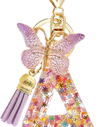 Fashion Alphabet Initial Letter Keychain Tassel Butterfly Pendant Key Ring for Purse Handbags Women Girl