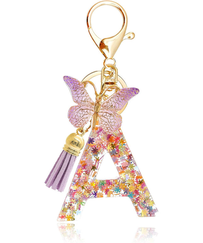 Fashion Alphabet Initial Letter Keychain Tassel Butterfly Pendant Key Ring for Purse Handbags Women Girl